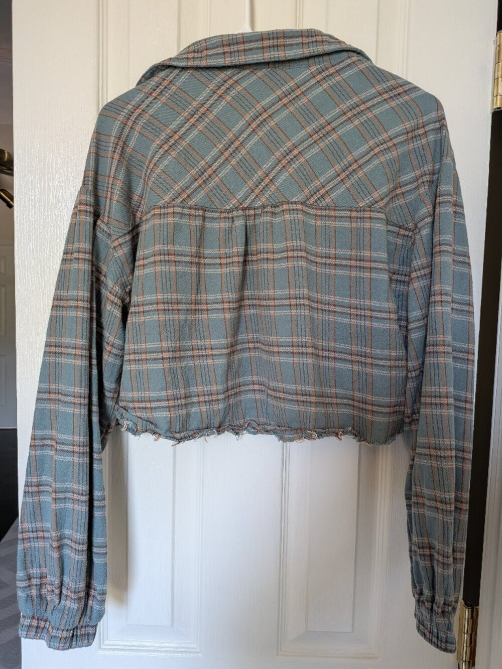 Blue Blush Plaid Cropped Raw Hem Button Down Shirt Large